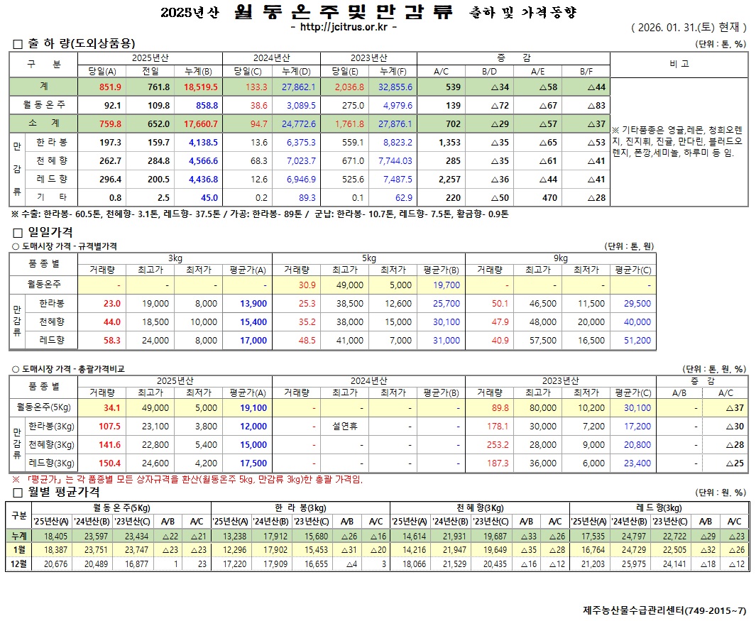 [월동&만감]2025년산 출하 및 가격동향(1/31)